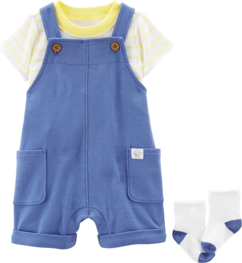 Carter's set din trei piese pentru bebeluși Yellow Stripes – tricou, salopetă scurtă și șosete