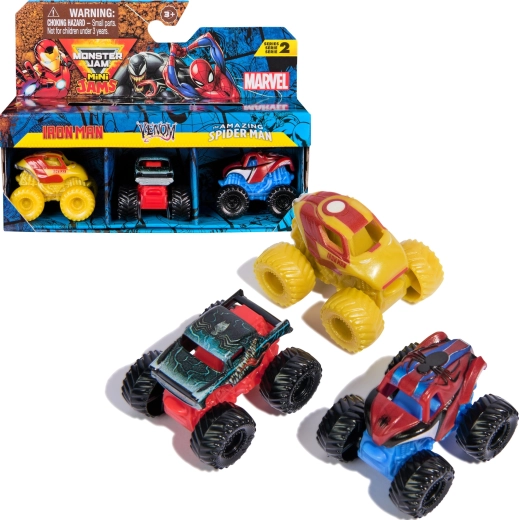 Set 3 mini monster truck-uri MARVEL – IRON MAN, VENOM și SPIDER-MAN (1:87) de la Spin Master