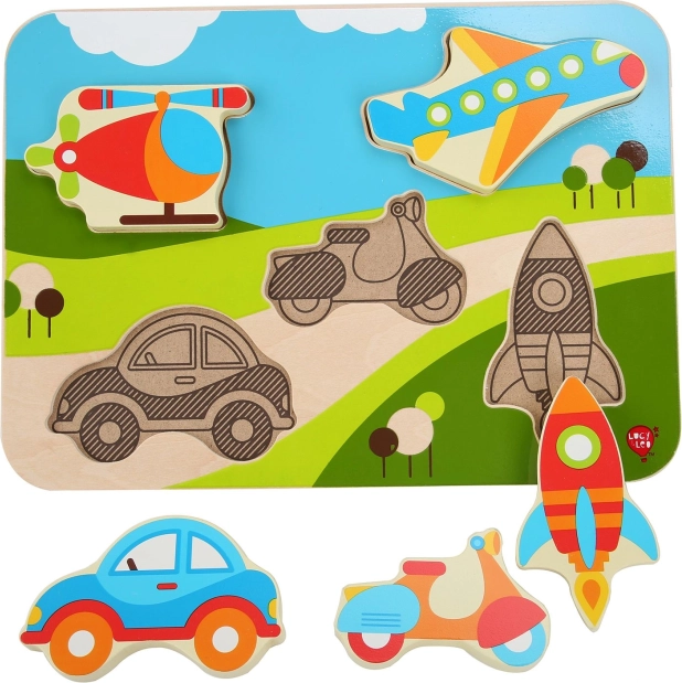 Puzzle din lemn cu piese de inserat Mijloace de transport, 6 piese LUCY & LEO