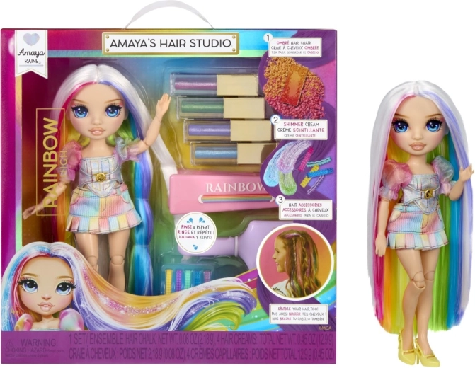 Studio de coafură Rainbow High cu păpușa Amaya Raine