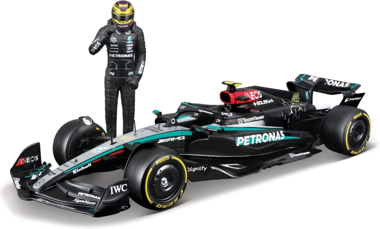 Model Bburago F1 Mercedes-AMG Petronas W15 2024 Lewis Hamilton 1:24 cu figurină de pilot