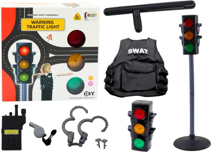 Set educațional pentru micul polițist cu semafor luminos, 10 piese