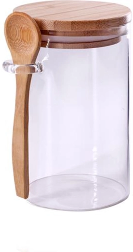 Borcan de sticlă cu capac din bambus și linguriță 500 ml