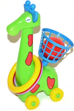 Girafă pe roți pentru aruncat cu inele și coș