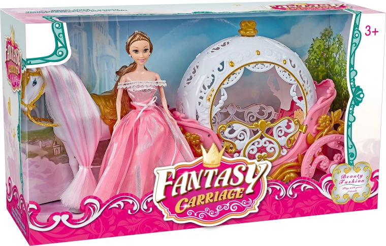 Caleasca roz roz magică cu Pegas și păpușă cu lumină și sunet