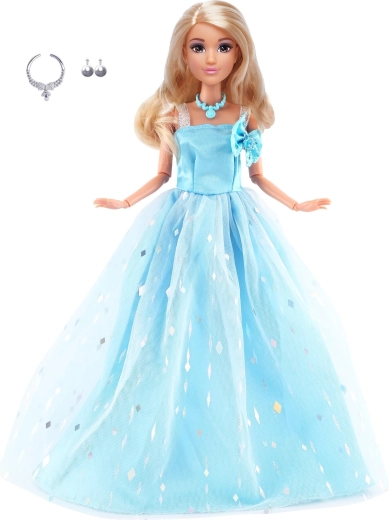 Păpușă la modă în rochie lungă de seară albastru deschis