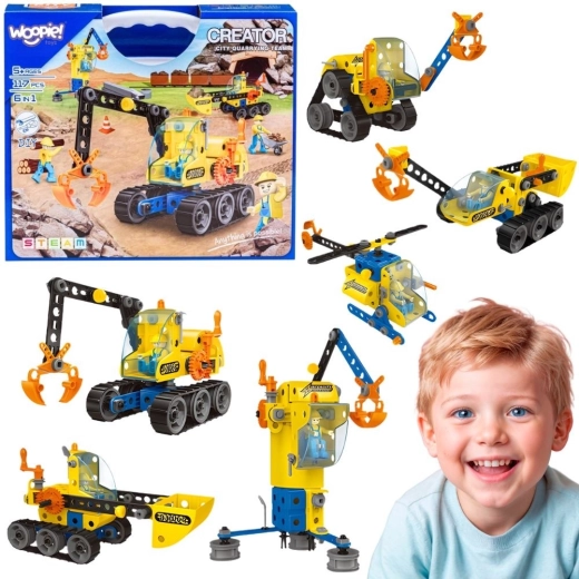 Set de construcție WOOPIE cu vehicule de construcții, 6 în 1, 117 piese