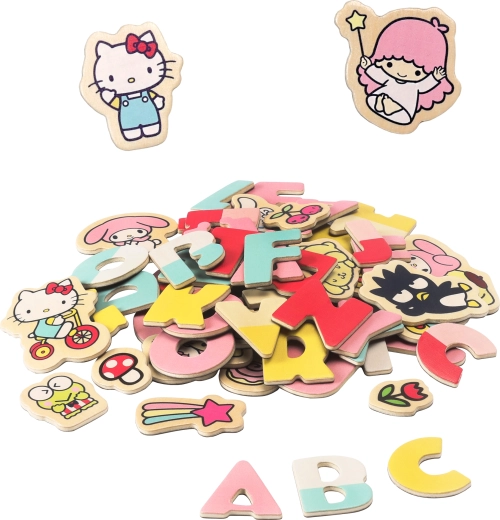 Hello Kitty litere și imagini magnetice – set educativ din lemn pentru copii (75 buc.)