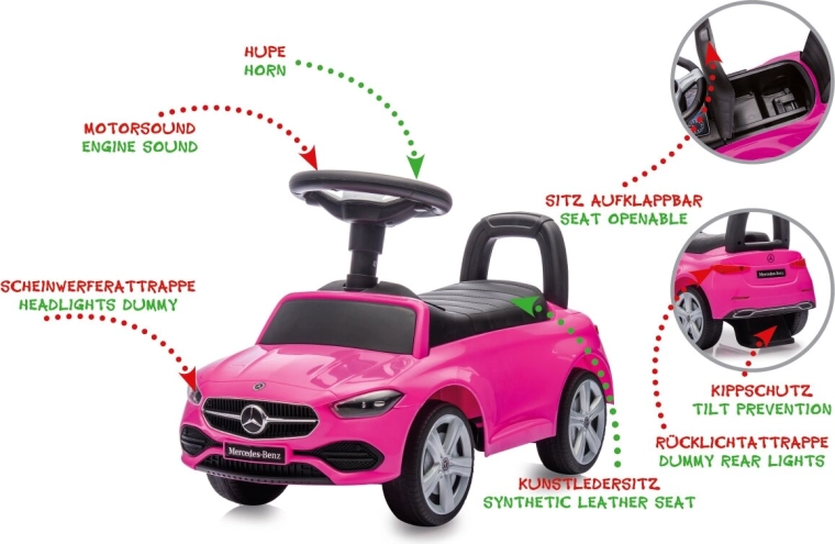 Mașinuță de împins pentru copii Mercedes-Benz C-Class 2 în 1, roz