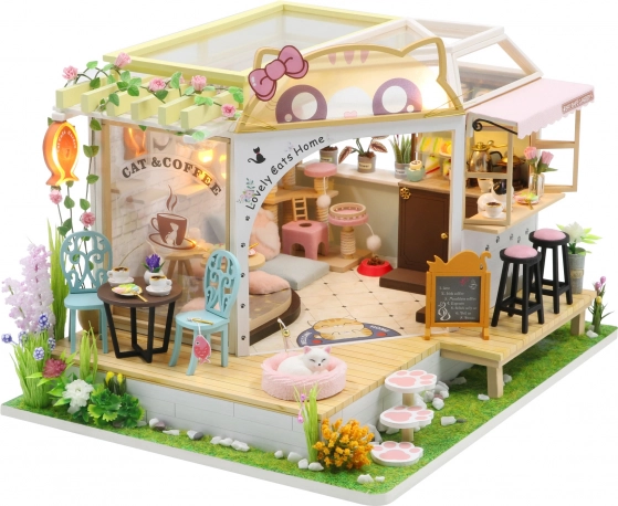 Căsuță miniaturală Cafenea pentru pisici cu grădină – kit DIY cu LED