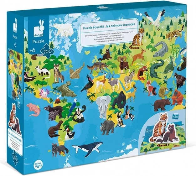 JANOD puzzle educativ cu animale pe cale de dispariție, 200 de piese