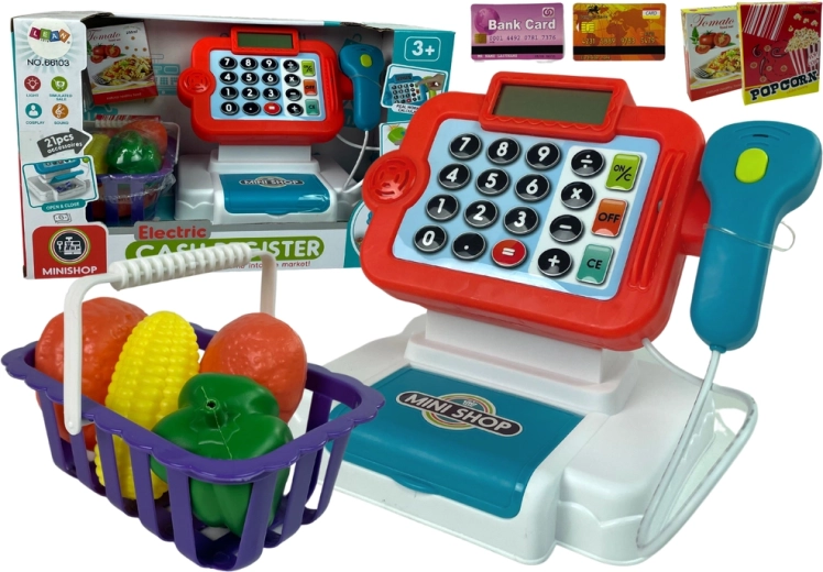 Casierie pentru copii cu calculator și coș cu legume