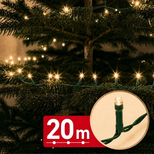 Șir luminos LED 20 m, 400 LED-uri, alb cald, cablu verde
