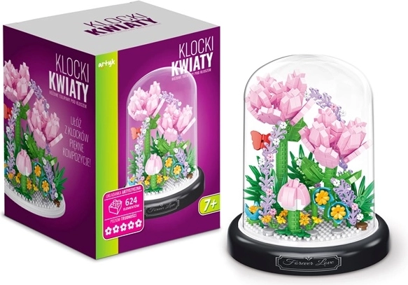 Set de construcție flori – lalele roz sub clopot transparent, 624 piese