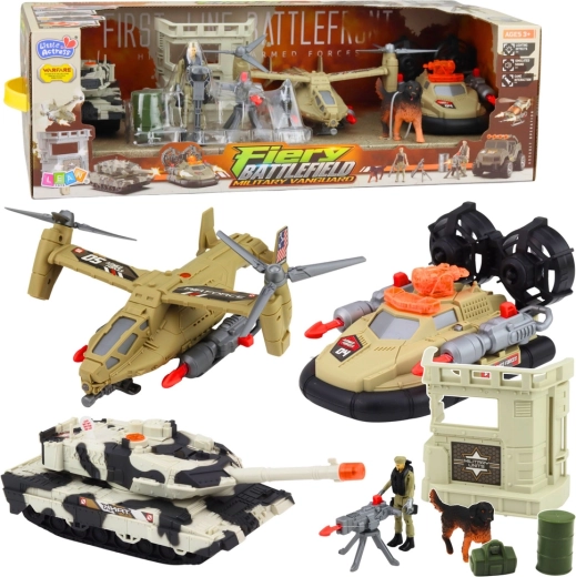 Set militar – elicopter, tanc și aeroplanor cu soldați și bază cu lumini și sunete