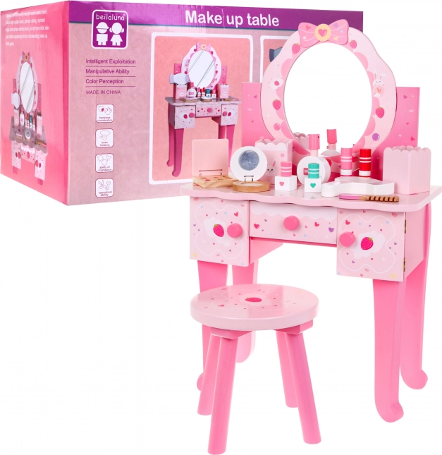 Toaletă din lemn cu taburet pentru fetițe Salon de frumusețe acasă Machiaj + Accesorii