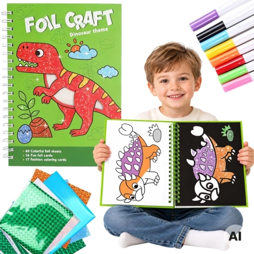 Set creativ WOOPIE cu folii și planșe de colorat cu dinozauri, 121 de piese