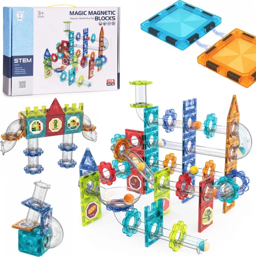 Set de construcție magnetic 3D cu pistă de bile, 113 piese