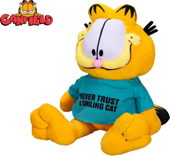 Pisoi de pluș GARFIELD 28 cm – tricou „Never trust a smiling cat”