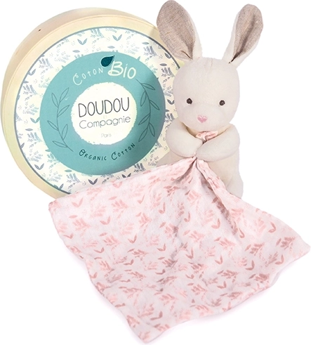 Set cadou Doudou - Iepuraș de pluș cu păturică roz din bumbac BIO