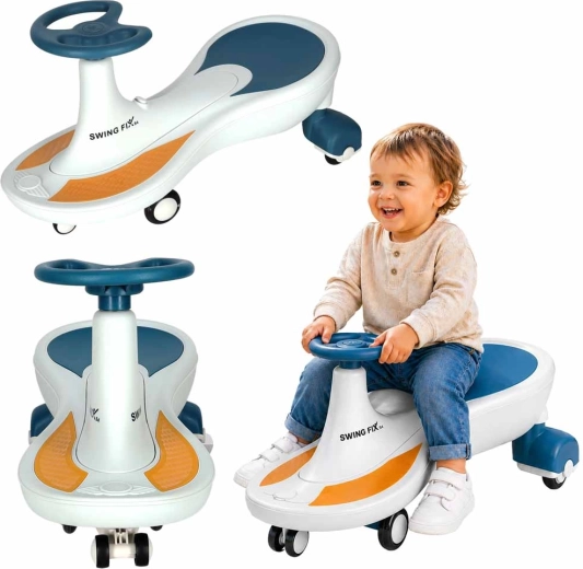 Vehicul gravitațional pentru copii Swing Fix S4 cu roți LED și muzică – Albastru-alb
