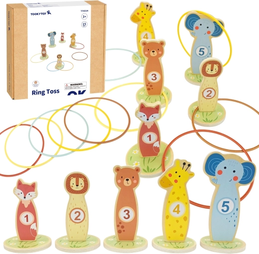 Joc de aruncare din lemn cu inele TOOKY TOY – animăluțe, 15 piese
