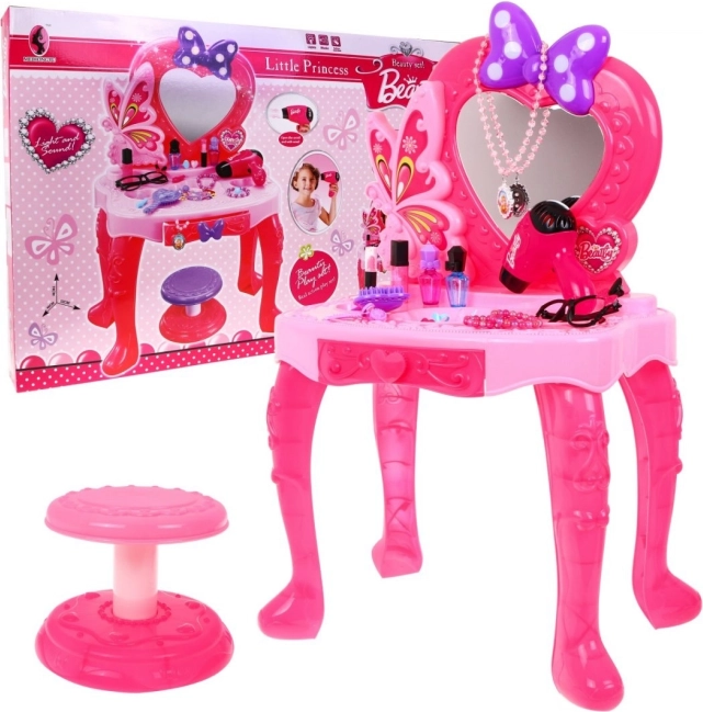 Măsuță de toaletă roz pentru copii 3+ cu foen interactiv, lumini și accesorii