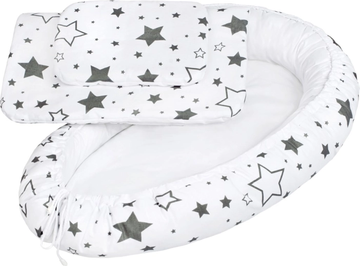 Cuibușor de lux cu plăpumioară pentru bebeluș New Baby, stele gri