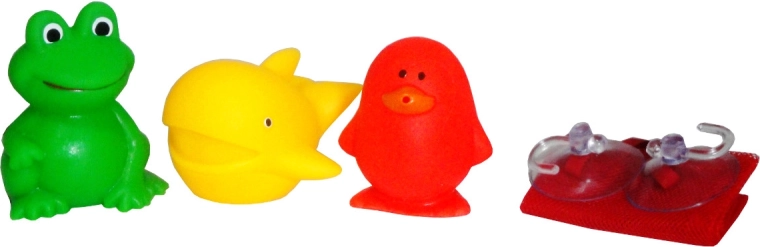 Jucării de baie care chițăie în săculeț de plasă – set 3 buc