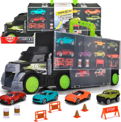 Transportor de mașinuțe și valiză Dickie Toys cu mașinuțe și accesorii de trafic