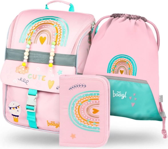 baagl set școlar zippy curcubeu roz – ghiozdan, penar și săculeț