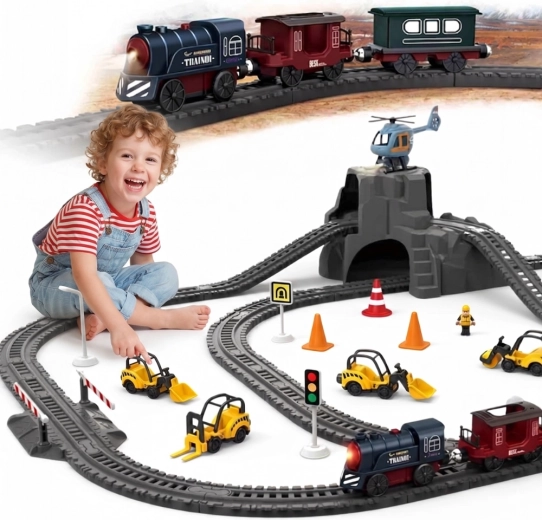 Set electric retro cu trenuleț Woopie, locomotivă și 2 vagoane, 76 de piese