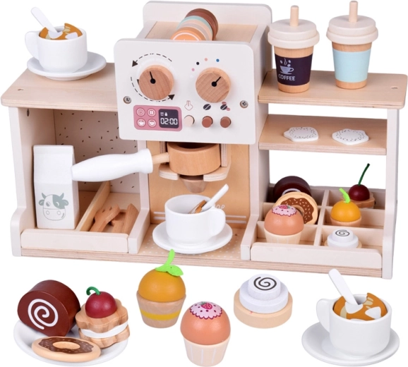 Cafenea pentru copii din lemn cu aparat de cafea și deserturi