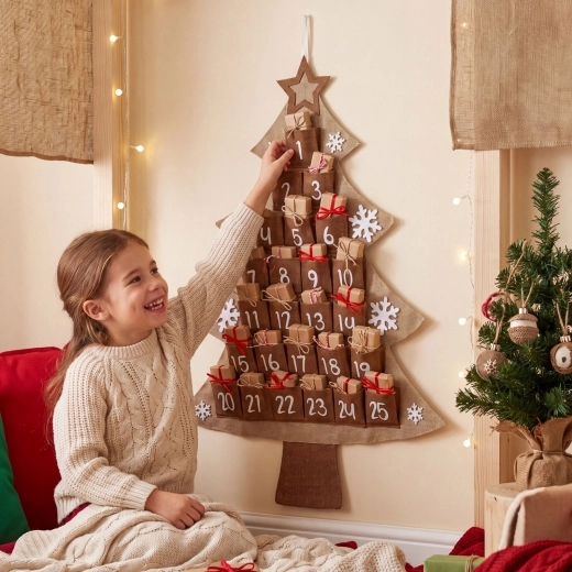 Calendar de advent din fetru, brad de Crăciun, 85 × 60 cm