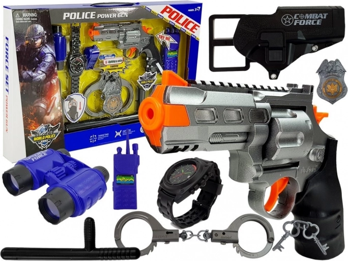 Set de poliție pentru copii – pistol cu lumină și sunet, cătușe, binoclu, stație radio, insignă și accesorii