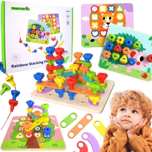 Placă Montessori multifuncțională pentru dezvoltarea abilităților motorii, cu șuruburi colorate, TOOKY TOY