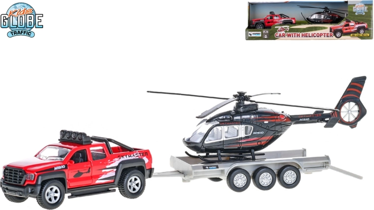 Kids Globe Traffic mașină de teren cu remorcă și elicopter cu mecanism pull-back