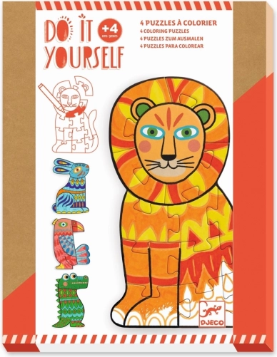 Djeco puzzle cu contur de colorat Animăluțe 4×12 piese