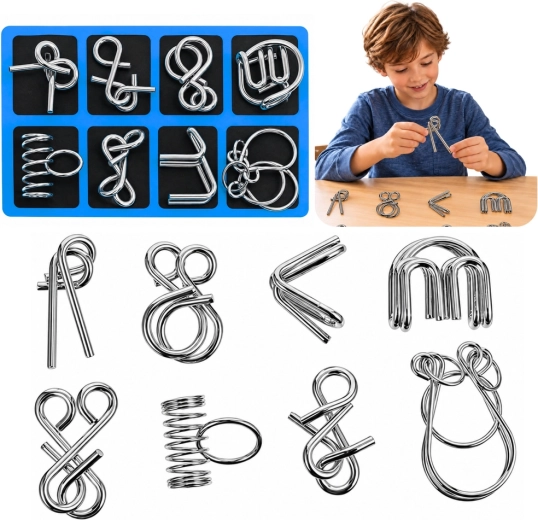 Puzzle-uri logice din sârmă metalică cu suport albastru – 8 buc.