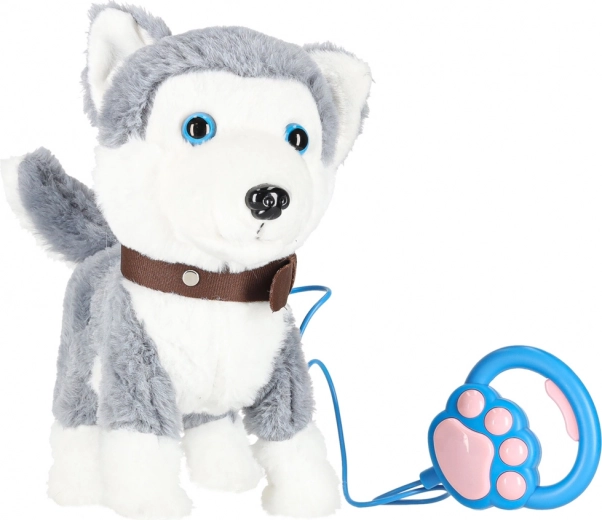 Cățeluș husky interactiv din pluș pe lesă, cu mișcare și sunete