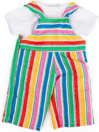 Bigjigs Toys pantaloni cu bretele în dungi multicolore și tricou alb pentru păpușă de 28 cm