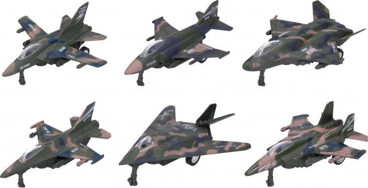 Avion de vânătoare metal-plastic 12 cm cu mers înapoi, mix de tipuri 6 bucăți în cutie