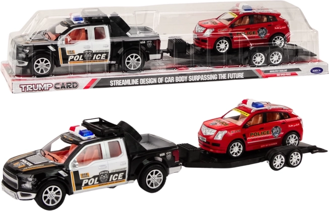 Pick-up de poliție cu remorcă de tractare și mașină de teren