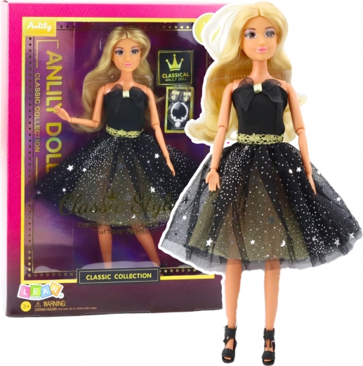 Păpușa Anlily, rochie neagră-aurie de seară, membre mobile, păr blond