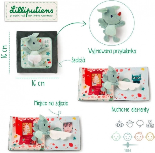 Cărticică textilă cu mini pluș „cioc-cioc” – dragonelul JOE de la LILLIPUTIENS, 18 m+