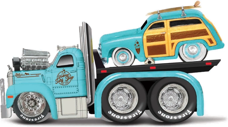 Maisto Muscle Transports 1953 Mack B-61 platformă cu 1950 Ford Woody 1:64