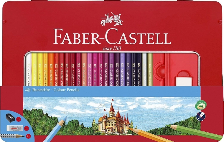 Creioane colorate hexagonale din lemn FABER-CASTELL, 48 buc, în cutie metalică, cu ascuțitoare, gumă și creioane grafit