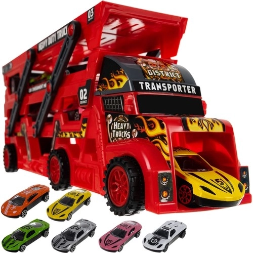 Transportor de mașini cu lansator și 6 mașinuțe metalice