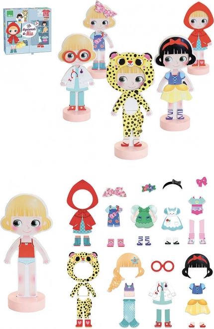 Vilac puzzle magnetic de îmbrăcat – creatoarea de modă Mia, păpușă din lemn 22 cm