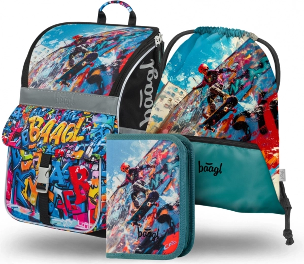 Set ghiozdan școlar, penar și sac BAAGL Skatepark